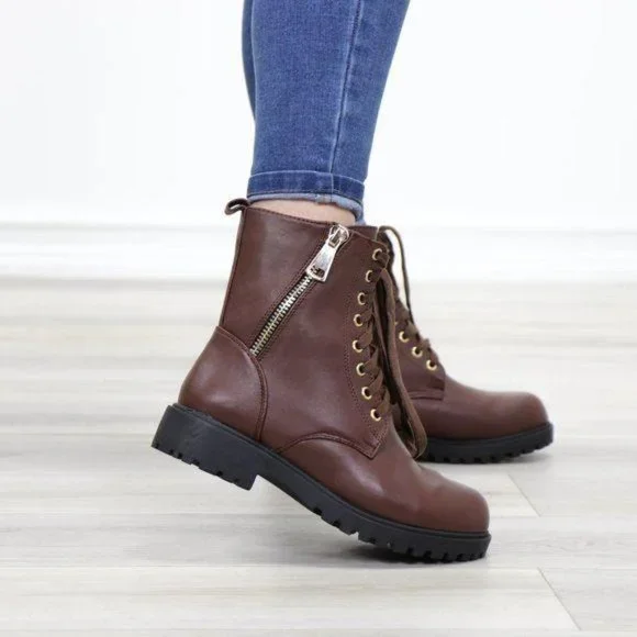 Faux leather brown laced up combat boots - Picture 6 of 11